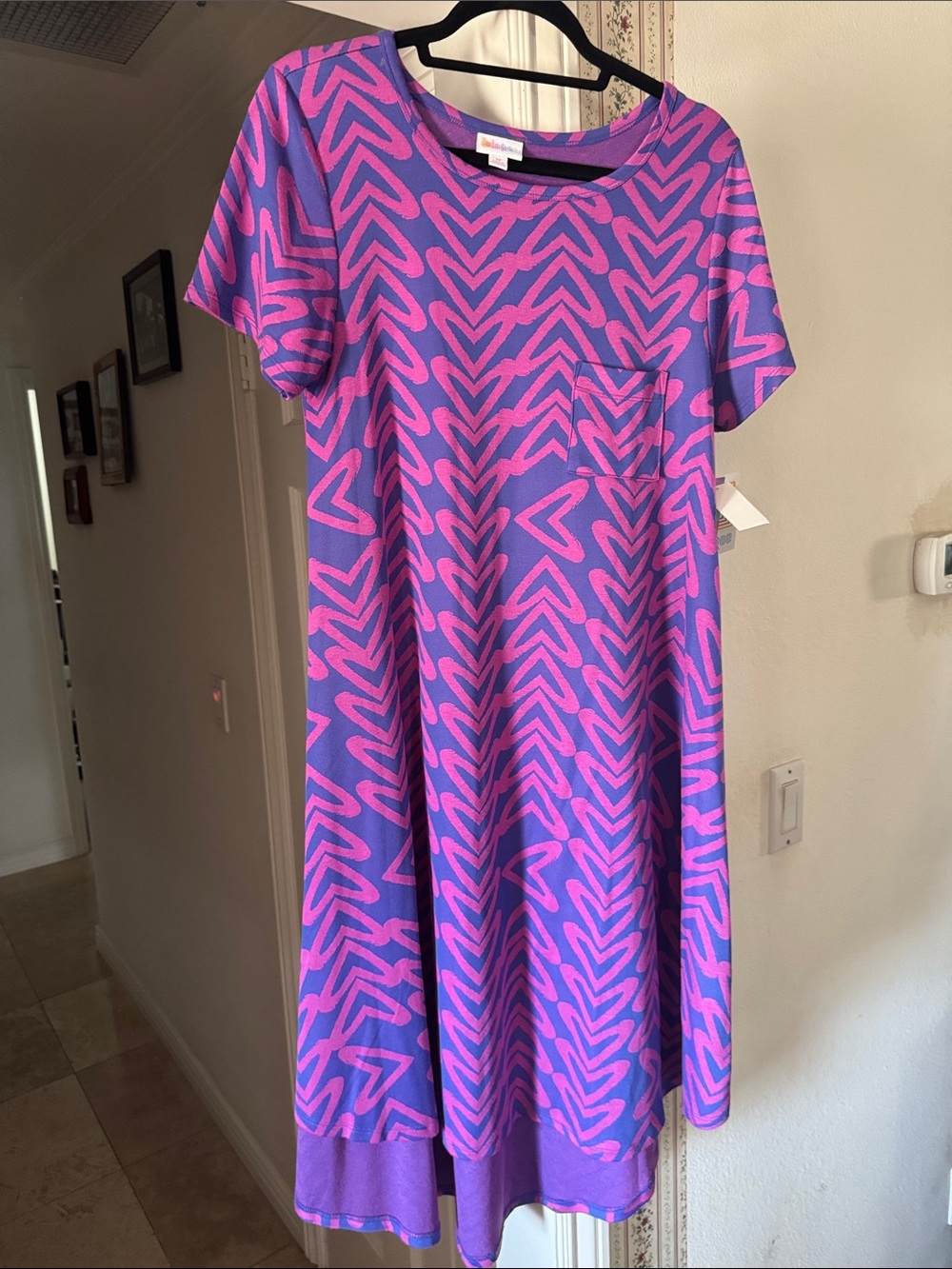 LuLaRoe Carly Purple Dress with Pink Geometric Print and Pocket